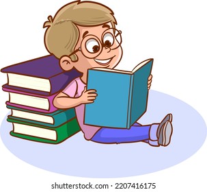 Child reading, lying down, lying on the floor and dreaming. A Child, kid sitting on a pile of books. Vector illustration. Flat design.