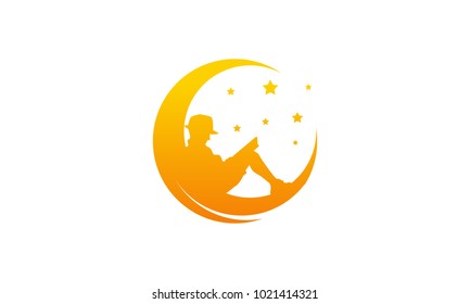 Child Reading in moon logo designs concept, Child Education logo designs vector template