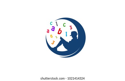 Child Reading in moon logo designs concept, Child Education logo designs vector template