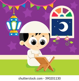 Child Reading Quran , Decorating his room with Ramadan lantern