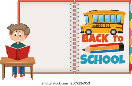 Child reading with school bus and notebook
