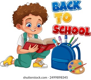 Child reading with school supplies and backpack