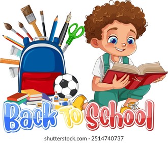 Child reading with school supplies and backpack