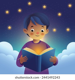 child reading and studying on a book looking under the noonlight. for ideas and knowledge with educational