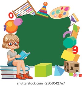 Child reading surrounded by educational items and shapes