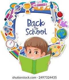 Child reading surrounded by school supplies
