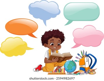 A child reading surrounded by speech bubbles