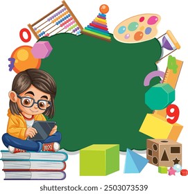 Child reading with various educational tools around