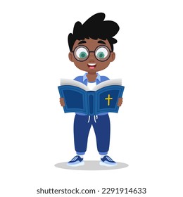 Child reads bible, bible in hands
