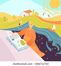 Child reads a book and imagines the world she reads about. Day, sun, house, boat, fish and horse, and night cat with stars. Vector cartoon illustration isolated.