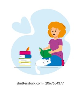 A child reads a book sitting down. A stack of books. A cat and a parrot are sitting next to each other. A bookstore. Vector graphics for decoration