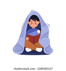 Child reads book under blanket with flashlight. Happy childhood. Isolated vector illustration.