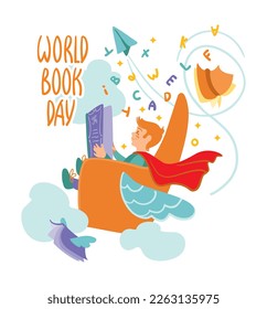 The child reads an interesting book and plunges into an imaginary world. World book day. Vector illustration. 