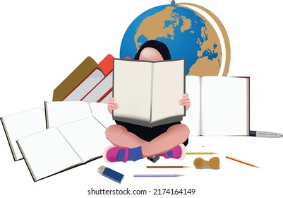 child reads and studies with international language books