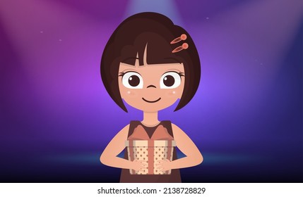 The child received a gift. Happy girls child holding a gift box with a bow. Vector illustration.