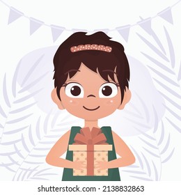 The child received a gift. Happy girls holds a gift box with a bow in her hands. Vector.