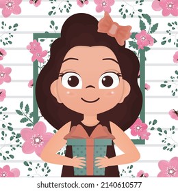The child received a gift. Happy girls child holding a gift box. Vector illustration.