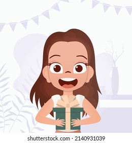 The child received a gift. Joyful girls child holds a gift box with a bow in her hands. Vector illustration.