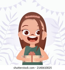 The child received a gift. Satisfied girls child holding a gift box. Vector.