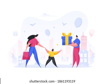 Child receives holiday gift vector illustration. Cheerful woman brings her son to man with large blue box his hands yellow ribbon tied. Happy birthday surprise. Carefree joyful vector childhood.