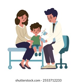 child receiving a vaccine from a healthcare professional while seated on a bench, accompanied by a supportive adult nearby, both looking calm.