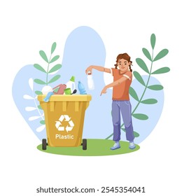 A child recycling plastic waste into a bin. Vector illustration