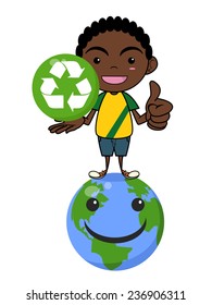 Child and recycling symbol, caring planet, isolated vector illustration