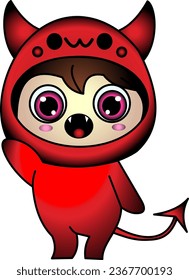 Child in red halloween little demon pajamas costume cute kawaii great for vector t-shirts in pink red colors