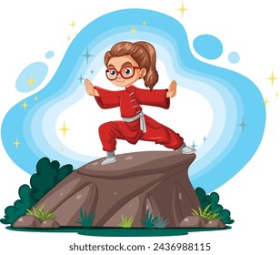 Child in red karate uniform training on a rock