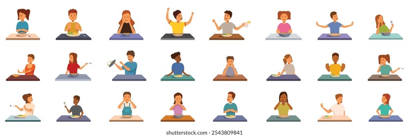 Child refuses eat icons set. Diverse group of kids enjoying or disliking their meals, demonstrating various emotions and behaviors while eating