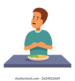 Child refusing to eat healthy vegetables looking away from broccoli and omelette dish sitting at table