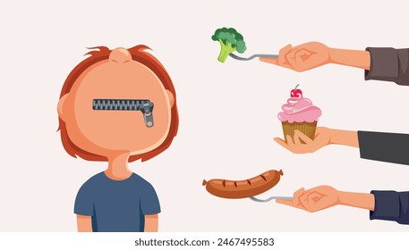 
Child Refusing to Eat Suffering from Eating Disorder Vector Illustration. Desperate parents trying to feed their picky toddler 
