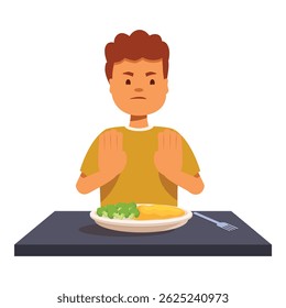 Child refusing to eat vegetables showing stop gesture with his hands, bad eating habits concept