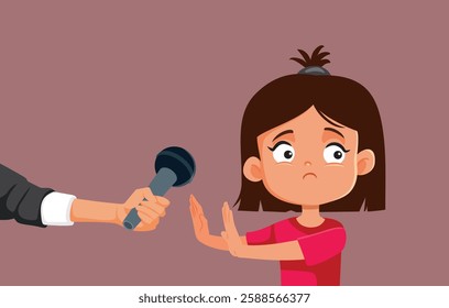 
Child Refusing to Speak at the Microphone Vector Concept Illustration. Little girl not wanting to answer questions from interviewer 
