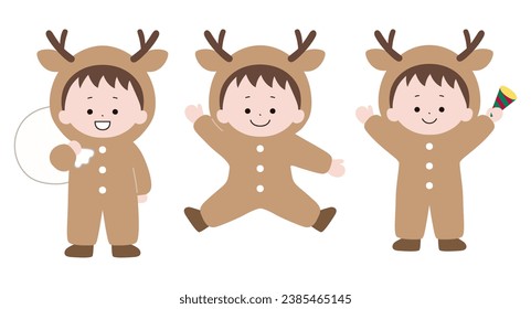 Child in reindeer costume. christmas, vector, boy, jump