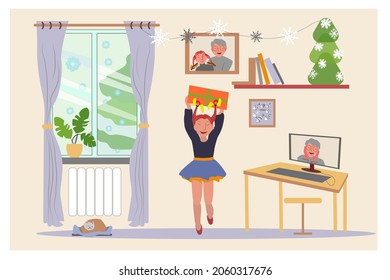 A child rejoices over a New Year's present. Girl communicating online with grandmother Colorful cartoon illustration. Concept of Christmas and the New Year.
