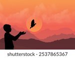 A child releasing a bird at sunset vector art, symbolizing freedom, hope, and new beginnings. Set against a serene mountain landscape with warm orange hues, themes of liberation and peace.