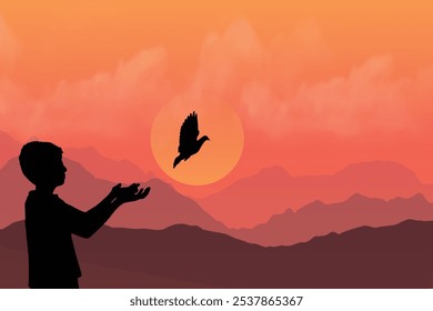 A child releasing a bird at sunset vector art, symbolizing freedom, hope, and new beginnings. Set against a serene mountain landscape with warm orange hues, themes of liberation and peace.