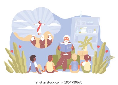 Child religion flat composition with hildren sit and listen to sermons from a priest on religious topics vector illustration