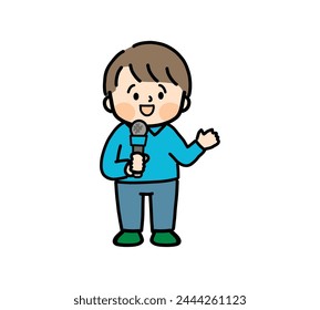 A child reporter holding a microphone and giving an explanation.