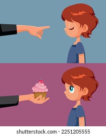 
Child Responding to Punishment or Reward Parenting Technique Vector Cartoon. Parent offering positive and negative response to son behavior 
