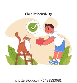 Child Responsibility concept. A cheerful boy feeds his pet cat, showcasing early pet care learning. Responsible pet ownership begins young. Flat vector illustration