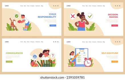 Child Responsibility concept. Teaching kids daily tasks, honest communication, and teamwork. Scenes of feeding pets, decision-making, and goal setting. Flat vector illustration