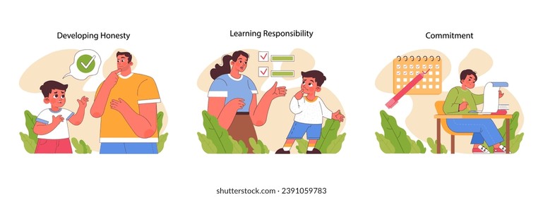 Child Responsibility set. Teaching virtues of honesty, practicing responsibility and nurturing dedication in kids. Parents guiding children in values and tasks. Flat vector illustration