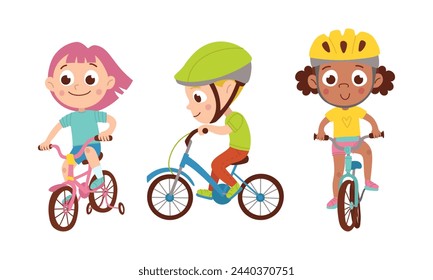 Un niño anda en bicicleta. Niño y niña. Internacional. Vector plano de dibujos animados aislado