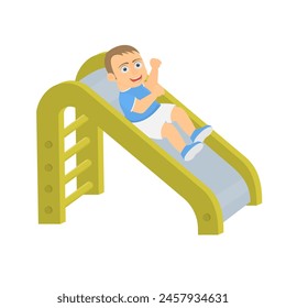 Child rides on a children slide. Child is playing with a toy, vector illustration