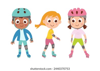 A child rides on roller skates. Boy and girl. International. Vector flat cartoon isolated