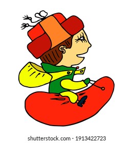 Child rides on winter tube. Vector flat illustration in cartoon style isolated on white background. Guy in red hat rides on snow rubber tube. Boy in green jacket with yellow sleeves, hood having fun