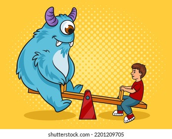 Child rides plays on seesaw with cute cartoon monster pinup pop art retro vector illustration. Comic book style imitation.