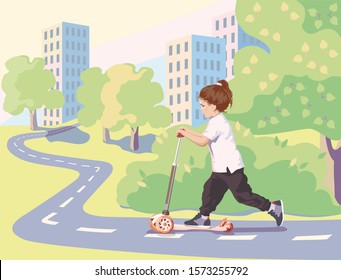 A child rides a scooter on a bicycle path